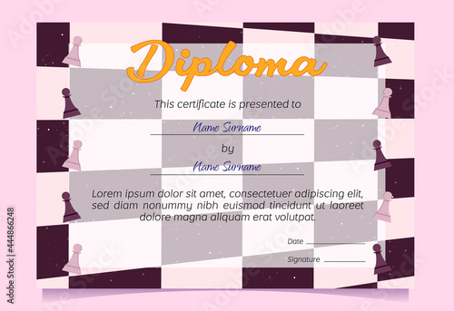 Diploma presented to winner in chess game. Vector certificate template for award merit in competition or celebration graduation with cartoon chessboard pattern and pawns