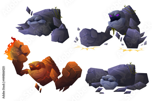 Stone and lava golem characters in different poses isolated on white background. Vector cartoon set of big giant angry and sleeps. Fantasy monster from gray rock with big fists photo