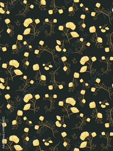 Floral pattern with light lemon-yellow peonies  on a dark background. Seamless Botanical print in a hand-drawn style. Modern retro design. Vector illustration for textiles, wallpapers, backdrops...