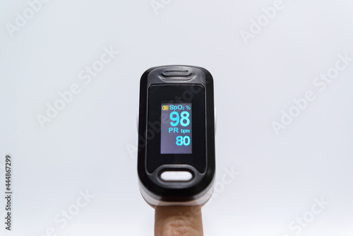 White portable fingertip pulse oximeter with multi-colored display isolated on white background. To measure SPO2 and Pr Values at home..