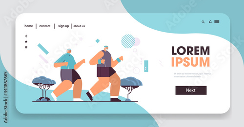 old couple in sportswear running in park senior pensioners doing physical exercises outdoors activity sport fitness