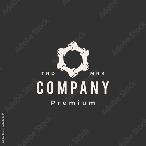 six hand holding each other team work family hipster vintage logo vector icon illustration