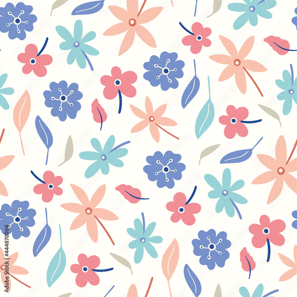 Floral pattern background. Multi-directional seamless repeat design of hand drawn flowers bouquets and leaves. Vector nature design.
