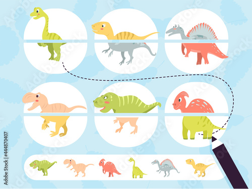 Puzzle game for preschool and school age children. Collect photos. An entertaining game for kids with cute dino. Vector illustration 