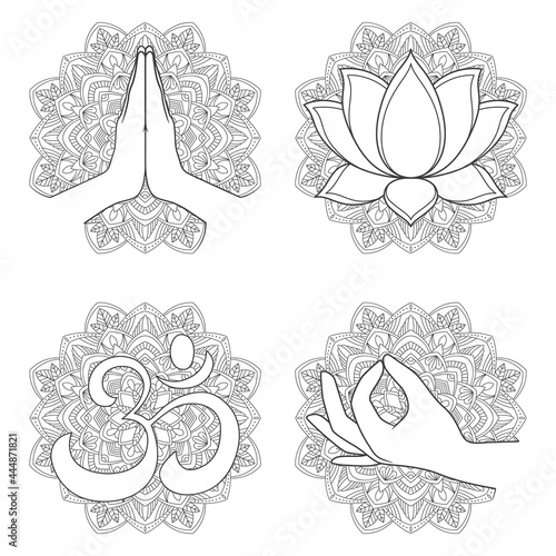Collection of buddhism symbols on ornate background - namaste, lotus flower, aum, gyan mudra. Vector illustration