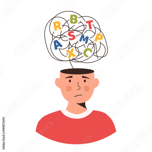 Confused kid with a cloud of scattered letters above his head. Dyslexia concept. Failing to read. Learning disability. Flat vector character illustration isolated on white background.