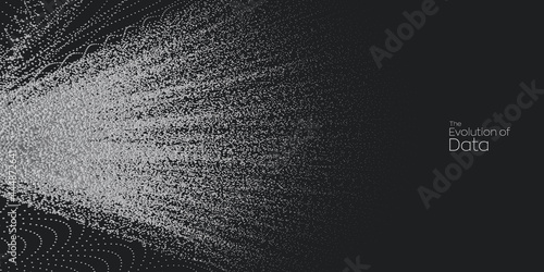 Evolution of data. Vector explosion motion dots background. Small particles strive out of center. vector illustration use for quantum technology, digital, science, music, communication.