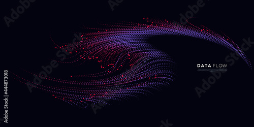 Wave vector element with abstract colorful dots line on dark background. Futuristic data stream illustration use for quantum technology, digital, science, music, communication.