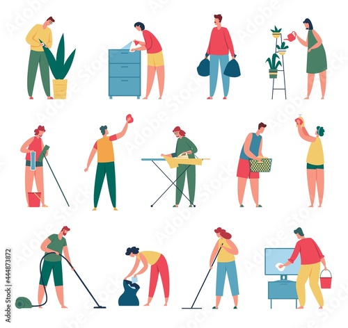 People cleaning. Men and women doing housework, vacuuming carpet, washing clothes, watering plant, mopping floor. Housework concept vector set. Characters ironing, collecting rubbish