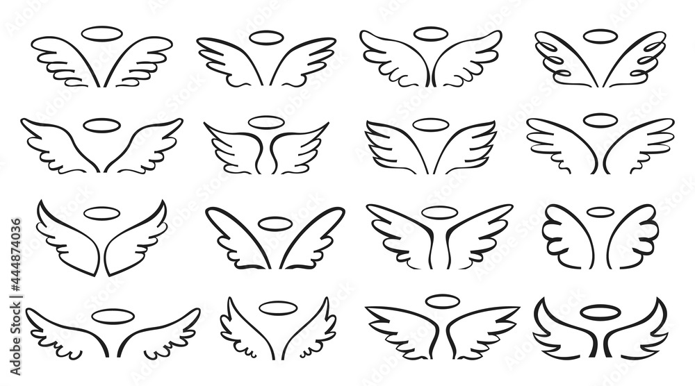 Sketch wing. Pair of angel wings with halo. Cute wide open angelic wing  doodle, flying bird feathers outline tattoo sketch vector set. Logo template  art collection, different designs Stock Vector | Adobe