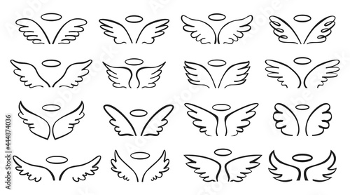 Sketch wing. Pair of angel wings with halo. Cute wide open angelic wing doodle, flying bird feathers outline tattoo sketch vector set. Logo template art collection, different designs