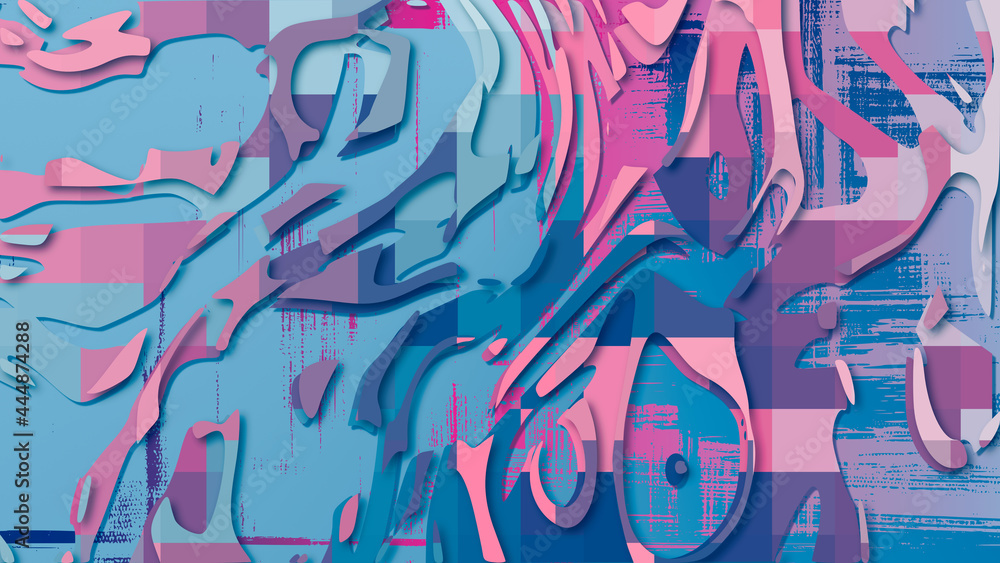 Pink and blue digital artwork, abstract art background, 3d and papercut effect