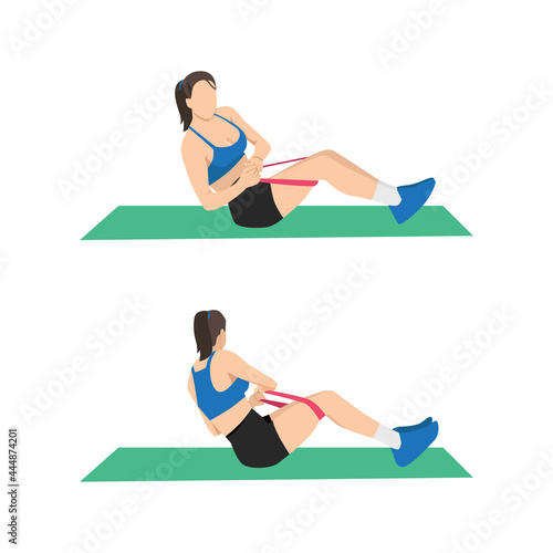 Woman doing Russian twist resistance band exercise. Flat vector illustration isolated on white background