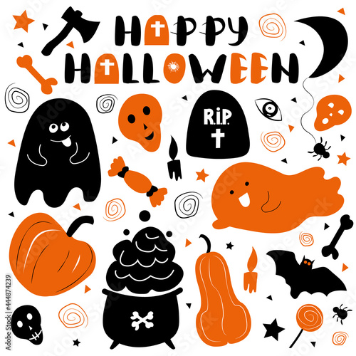 Halloween paraphernalia set. Cute characters and items for decorating stickers, postcards, theme parties, invitations...Original lettering. vector illustration, hand drawn
