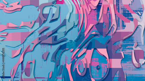 Pink and blue digital artwork, abstract art background, 3d and papercut effect