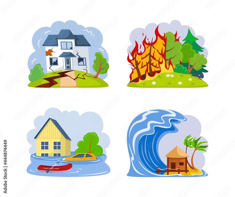 Natural disasters earthquakes, forest fires, floods, tsunami. Natural strong disaster with rain, house cracked, burning forest fires with burning trees, flooding with destruction of houses