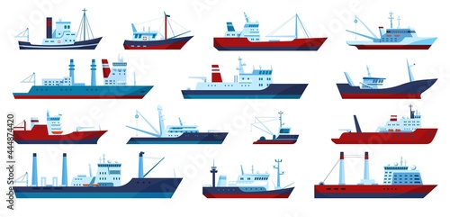 Fishing boats. Commercial fishing trawler yacht, fisherman ship, fisher boat. Flat marine fish catching vessels, sea transportation vector set. Logistic isolated transport with equipment