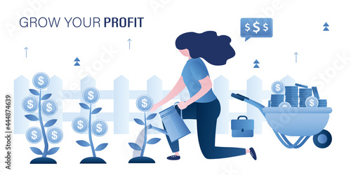 Businesswoman or investor watering various money trees. Wheelbarrow with earnings. Potential profitable projects, business.