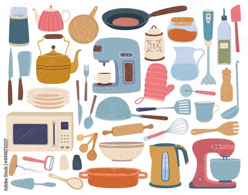 Kitchen utensils. Cooking and baking equipment toaster, blender, wooden board, kettle. Flat cartoon cookware, kitchenware accessories vector set. Electric appliances isolated on white