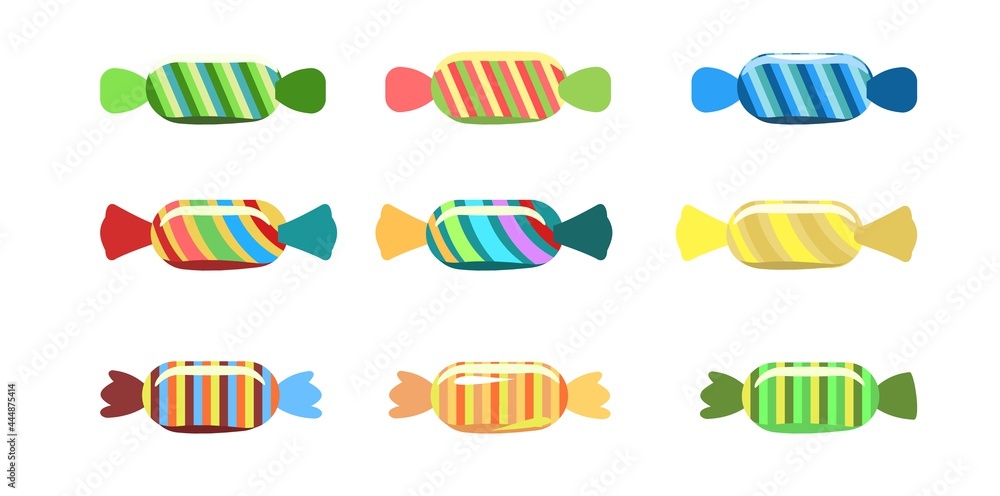 Set. Assorted dessert sweets. Candy caramel. In a wrapper. Flat cartoon background illustration. Vector