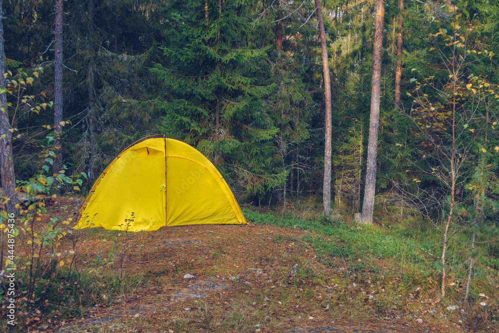 Camping tent in forest. Tourism concept, outdoors leisure. Life in a tent. Russia, Karelia.