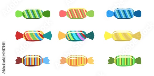 Set. Assorted dessert sweets. Candy caramel. In a wrapper. Flat cartoon background illustration. Vector