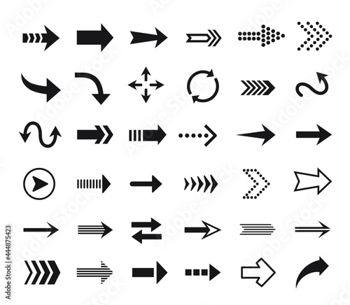 Arrow icon. Direction sign, pointer outline pictogram, refresh button, reload symbol. Arrows black silhouette icons for web design vector set. Digital lines showing different sides