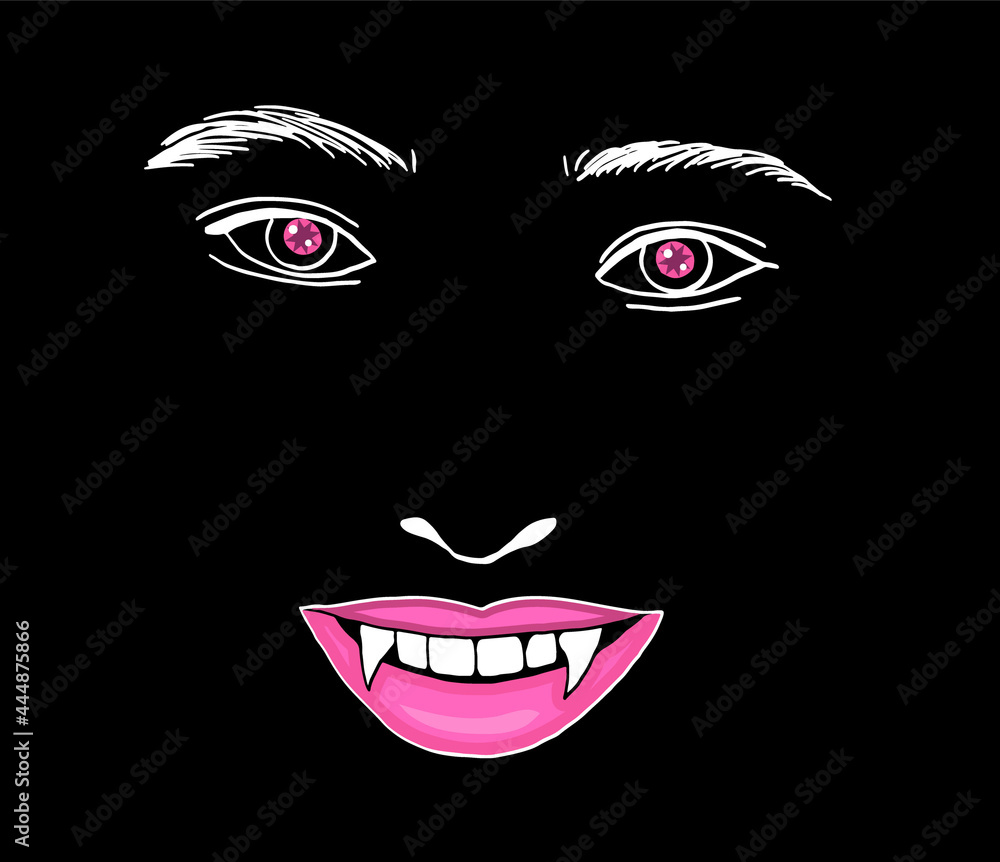 Stylized face with fangs on a black background. Vector illustration.