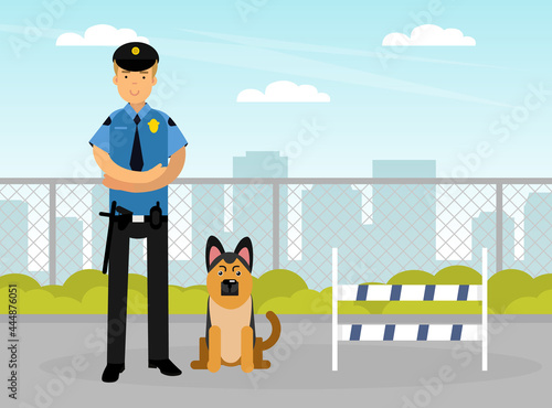Man Police Officer or Policeman with Truncheon and Tracker Dog Vector Illustration