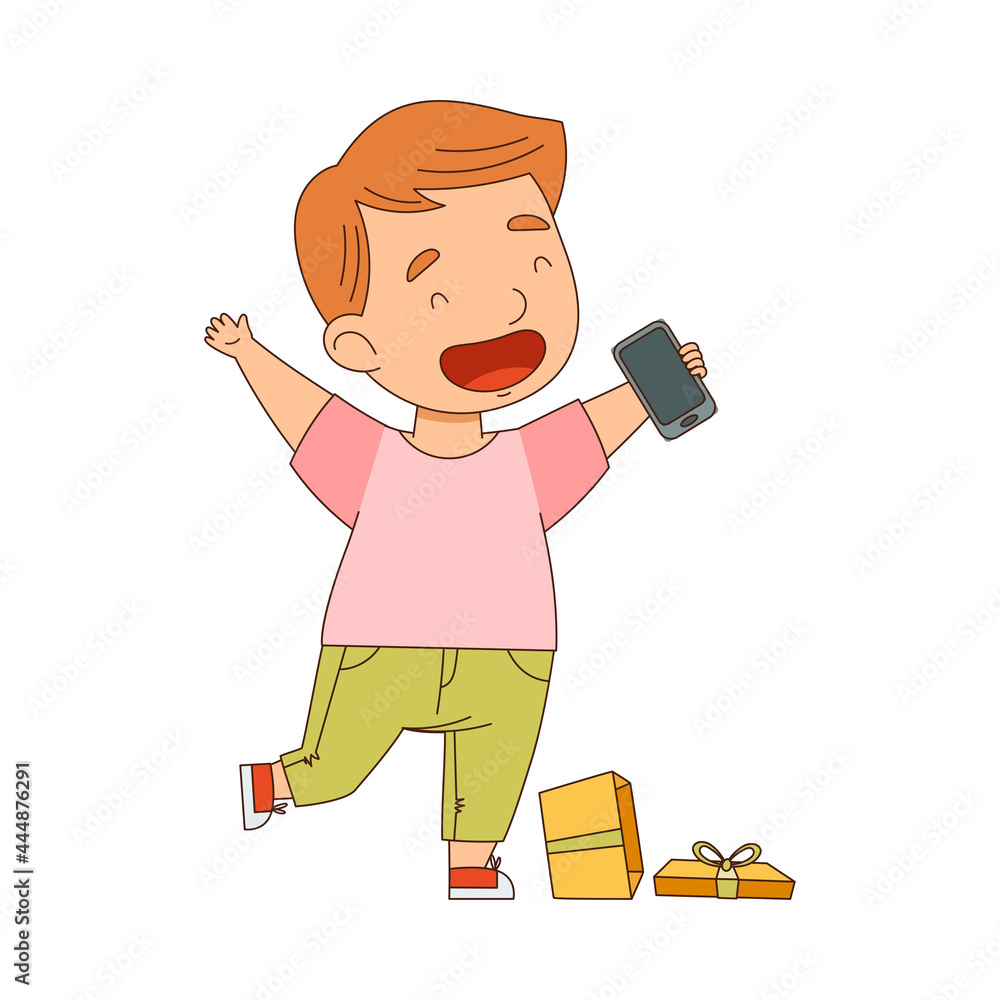 Excited Little Boy Opening Gift Box with Smartphone Rejoicing at Present Vector Illustration Excited Little Boy Opening Gift Box with Smartphone Rejoicing at Present Vector Illustration