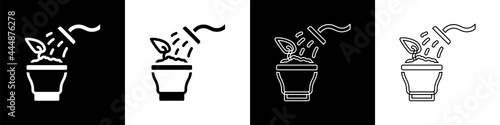 Set Spraying a house plant with a spray gun icon isolated on black and white background. Moistening of foliage. Care for home flowers. Vector