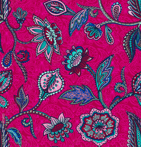 Fantastic ethnic vector seamless pattern with stylized plants in Asian style. Beautiful print for fabrics and packaging products. Botanical surface design.