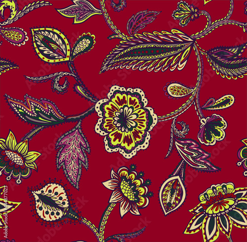 Fantastic ethnic vector seamless pattern with stylized plants in Asian style. Beautiful print for fabrics and packaging products. Botanical surface design.