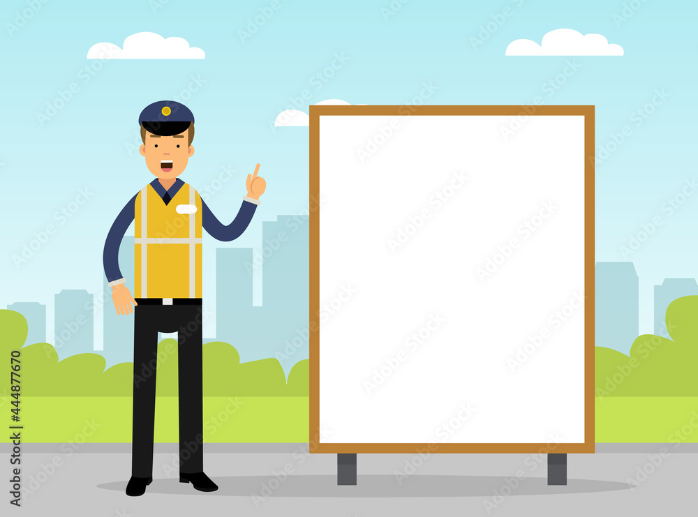 Man Road Policeman in Yellow Waistcoat as Highway Patrol Engaged in Overseeing and Enforcing Traffic Safety on Roads Vector Illustration