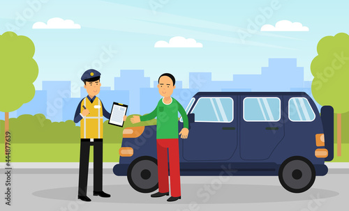 Man Road Policeman in Yellow Waistcoat as Highway Patrol Engaged in Overseeing and Enforcing Traffic Safety on Roads Vector Illustration © Happypictures