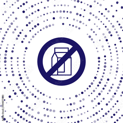 Blue No pack of milk icon isolated Blue background. Not allow milk. Allergy concept, lactose intolerance allergy warning sign. Abstract circle random dots. Vector