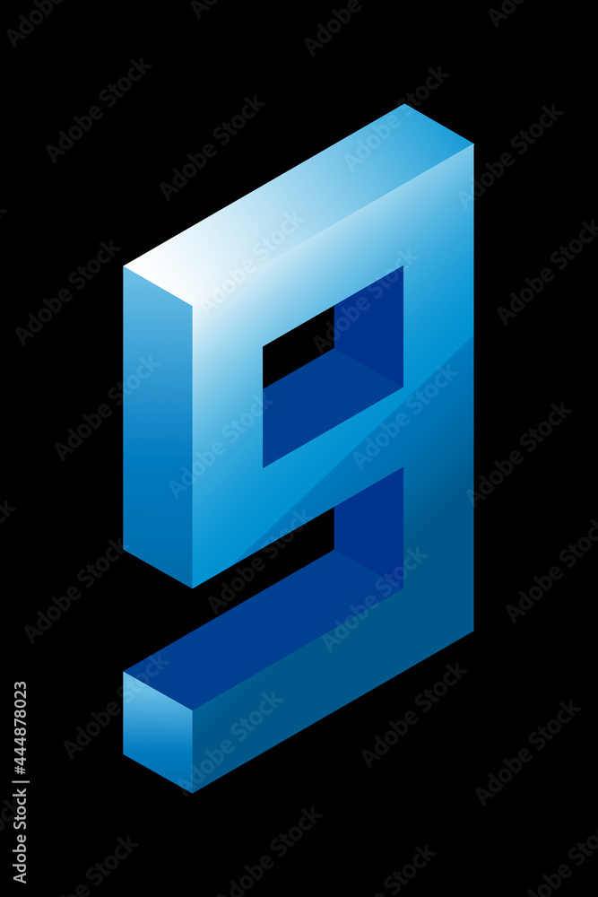 Gradient blue number 9 in isometric style. Isolated on black background. Water texture