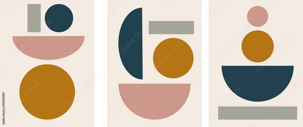 Collection of modern simple artistic minimalistic abstractions with geometric shapes (squares and circles) on beige background