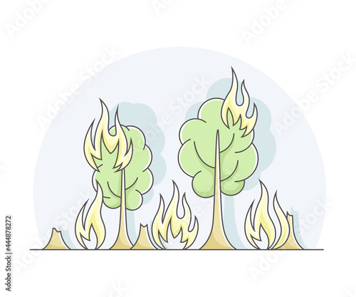Forest Fire Accident with Flame Tails as Natural Cataclysm Line Vector Illustration