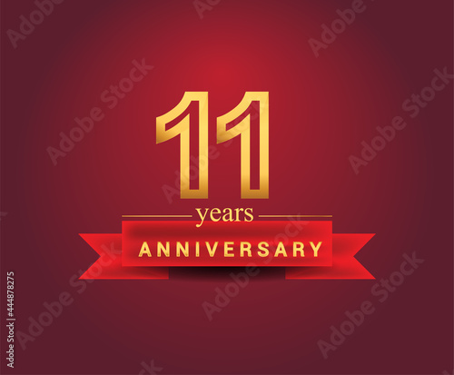 11th years anniversary design with red ribbon and golden color isolated on red background, Design for anniversary celebration.