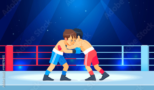 Young guys muscular boxers in boxing gloves stand in a clinch in the ring. Cartoon characters boy vector illustration