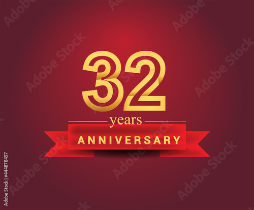 32nd years anniversary design with red ribbon and golden color isolated on red background  Design for anniversary celebration.