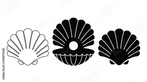 A shell with a pearl. Three variations of the shell. A whole shell with pearls. The silhouette and contour of the shell flap. Vector illustration isolated on a white background for design and web.