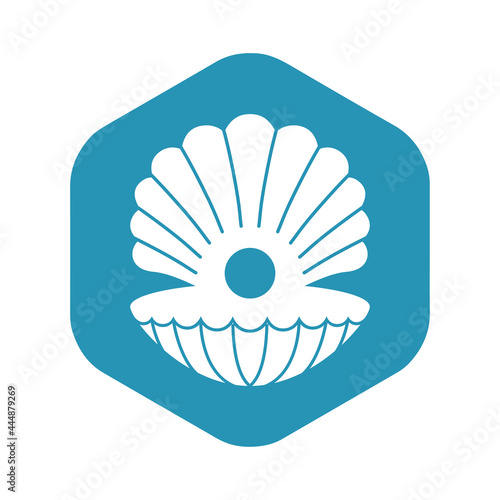 The shell icon with a pearl. Black silhouette of an open oyster with a round pearl on a blue hexagon. Vector illustration isolated on a white background for design and web.