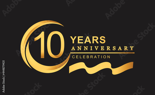 10th anniversary design logotype golden color with ring and gold ribbon for anniversary celebration