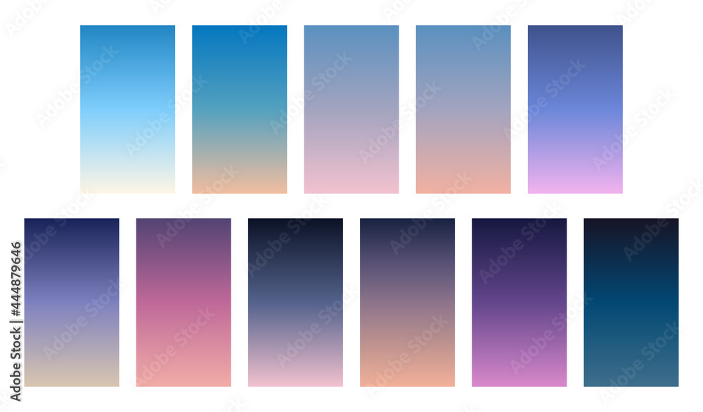Set of soft gradient background. Sunrise, sunset, morning, twilight, night sky colors. Modern abstract vector for web, smartphone screen, mobile apps, social media and more. Space for text or image.