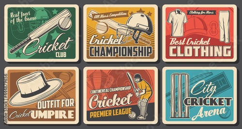 Cricket vintage posters with vector cricket sport game balls, bats, wickets and team player on playfield. Batsman in uniform, gloves, helmets and leg pads, championship trophy cups, sun hat and caps
