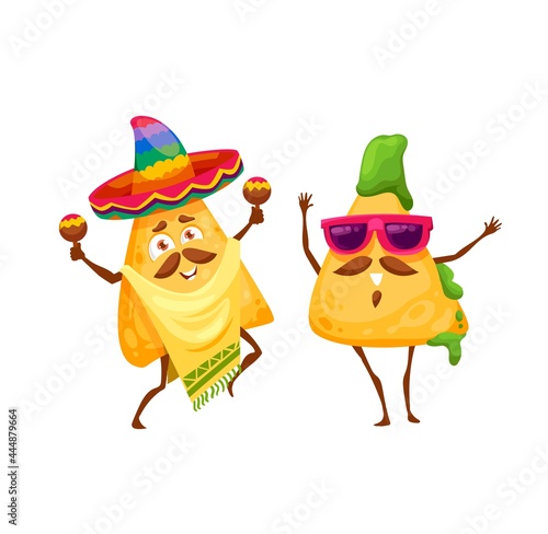 Cartoon mexican nachos chips happy characters. Vector mariachi in sombrero and poncho playing maracas. Funny chips piece in guacamole sauce wearing sunglasses celebrate national holidays and dance