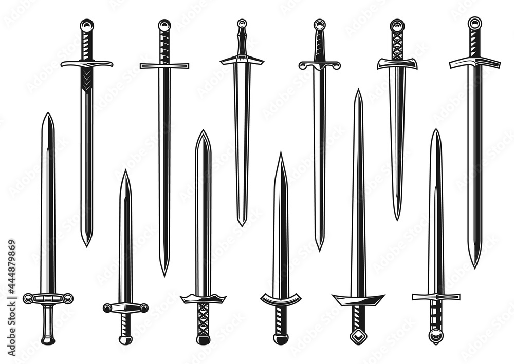 European Knight Straight Swords Vector Design With Weapon Of Medieval Army Warrior Isolated Dagger Knife Or Broadsword With Double Edged Blades Hilts Guards And Pommels Tattoo And Heraldry Design Stock Vector