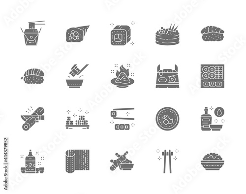 Set of Japanese Food and Sushi Gray Icons. Philadelphia Roll, Ginger, Temaki, Nigiri, Wasabi, Soy Sauce, Sake and more.